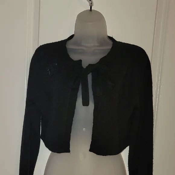 Bogari Black Women's Crop Style Tie Front Cardigan Sz: L - Picture 4 of 5